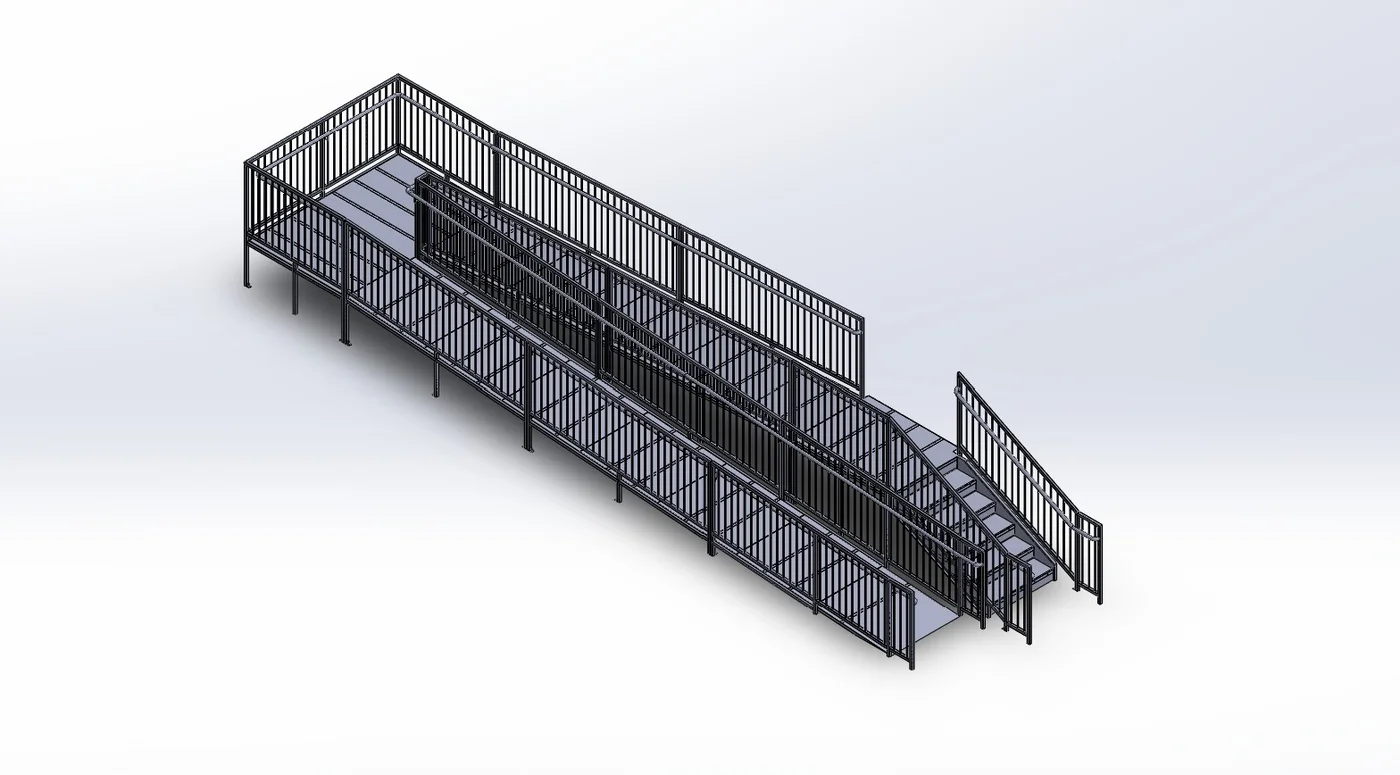 SolidWorks 3D model of custom steel ADA handicap access ramp — structural fabrication design by A&M Industries, Fox Valley WI
